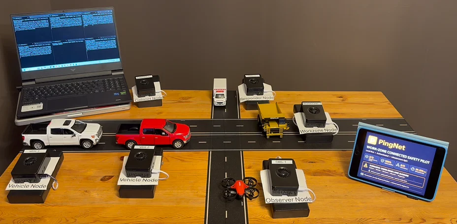 PingNet pilot demo layout with a work-zone road model, vehicles, labeled nodes, laptop logs, and tablet KPI display.